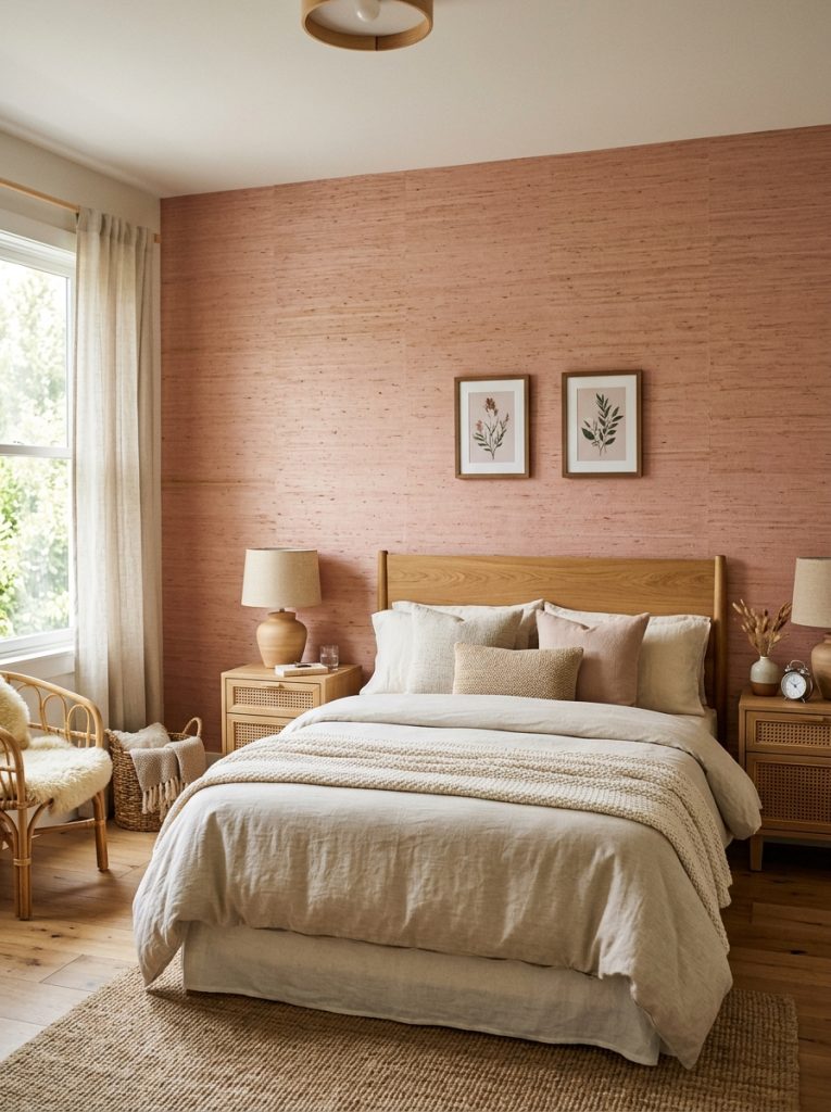 Pink grasscloth wallpaper bedroom natural woven texture warm pink tone feature wall natural wood furniture rattan nightstand neutral bedding organic texture incredible depth and warmth