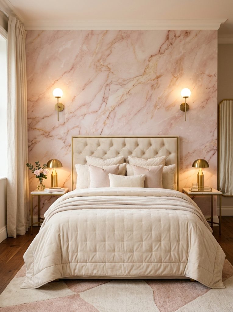 Luxurious pink marble effect wallpaper bedroom soft pink marble veining feature wall brass gold fixtures velvet cream bedding marble effect adding instant luxury and sophistication