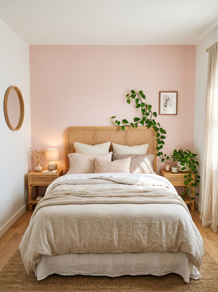 Pink wallpaper accent wall bedroom soft blush pink wallpaper behind bed other walls white rattan headboard nightstands neutral linen bedding trailing plants warm and grounded by rattan