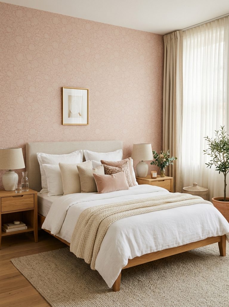 Beautiful pink wallpaper bedroom with soft blush pink wallpaper white linen bedding neutral pillows natural wood nightstands sheer curtains warm and sophisticated