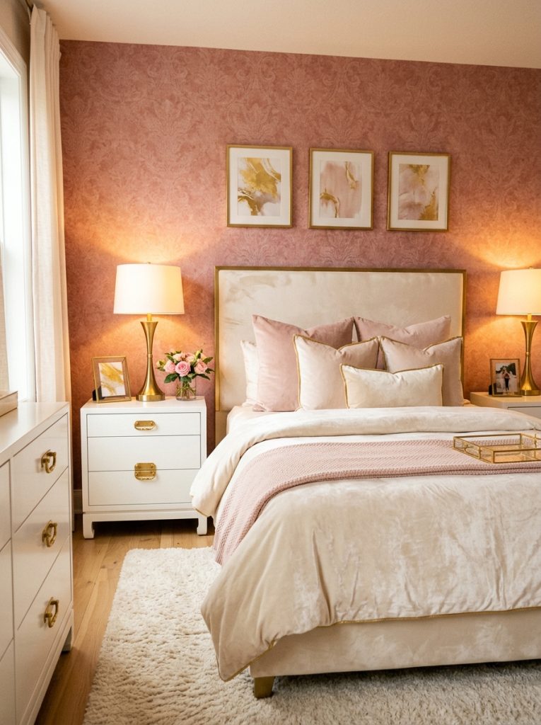  Glamorous pink wallpaper bedroom with blush rose pink wallpaper brass bedside lamps brass picture frames gold hardware pink and brass combination instant warmth and luxury cream velvet bedding