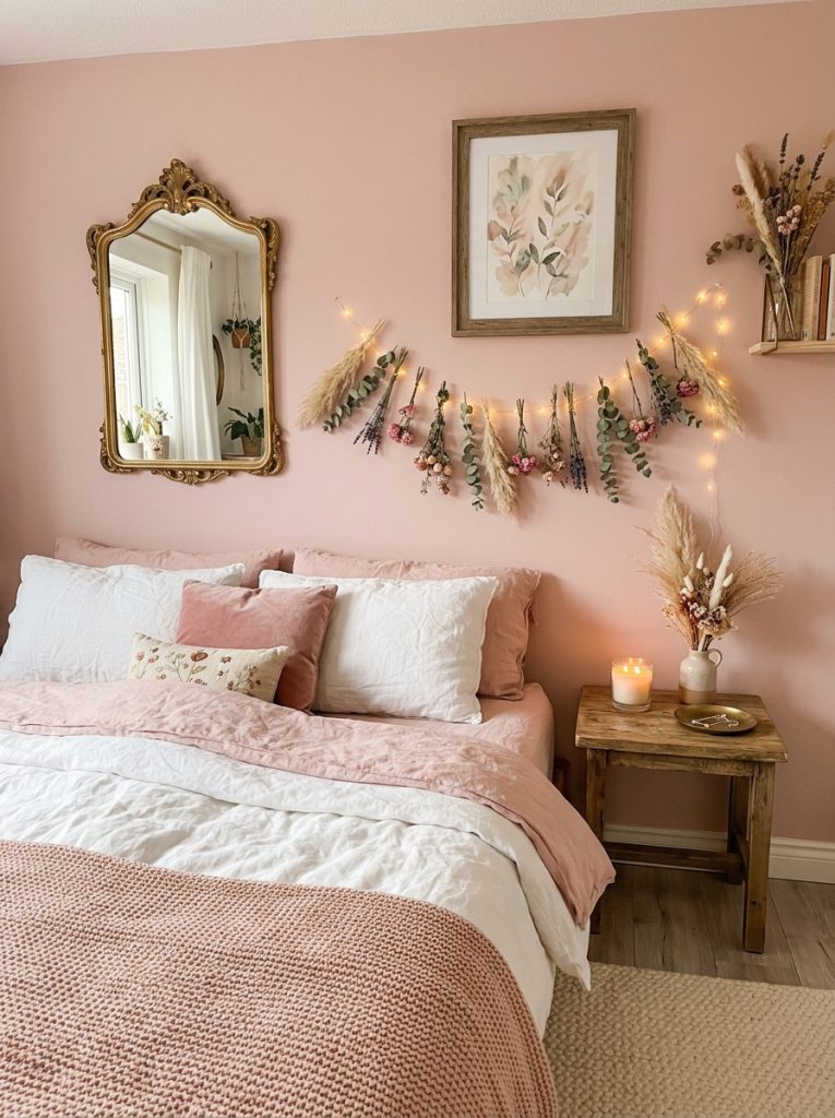 Aesthetic pink wallpaper bedroom soft pink feature wall dried flowers fairy lights vintage mirror meaningful artwork layered white pink bedding each element chosen carefully personal and deeply aesthetic