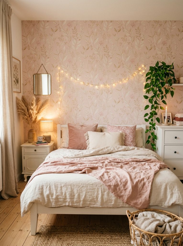  Charming cute pink wallpaper bedroom sweet but not childish pink wallpaper pattern white furniture pampas grass fairy lights soft pink white bedding trailing plant charming and personal not juvenile
