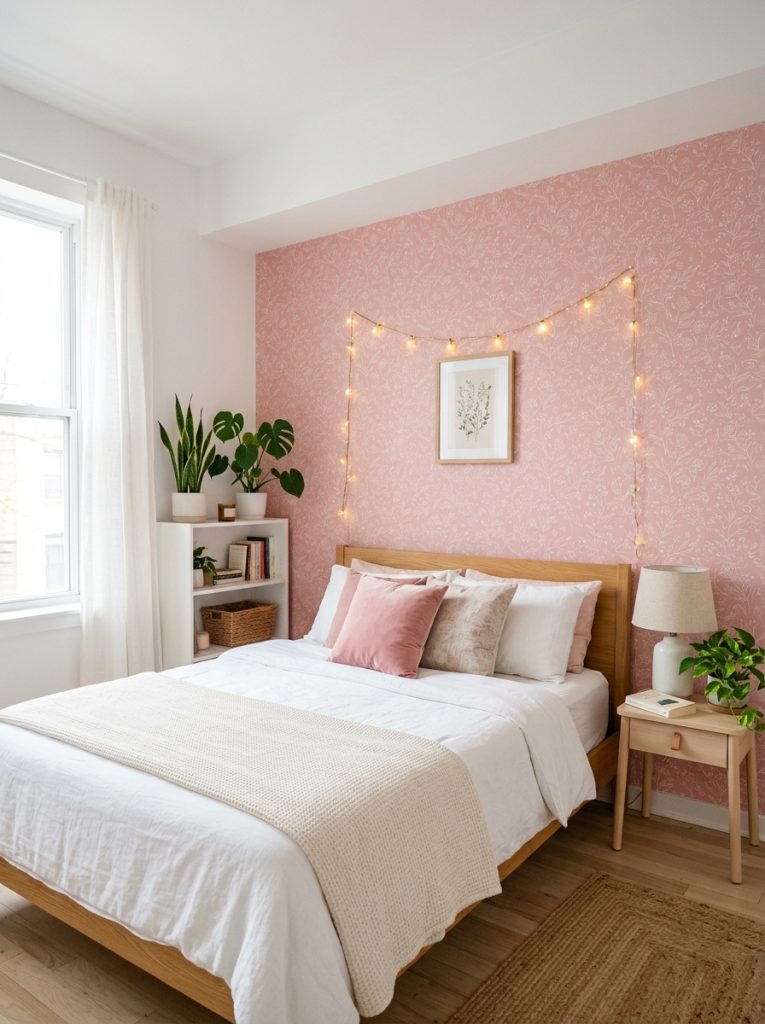 Small apartment bedroom with pink peel and stick wallpaper accent wall other walls white minimal furniture fresh and personalized no permanent changes pink wallpaper transforming rental bedroom