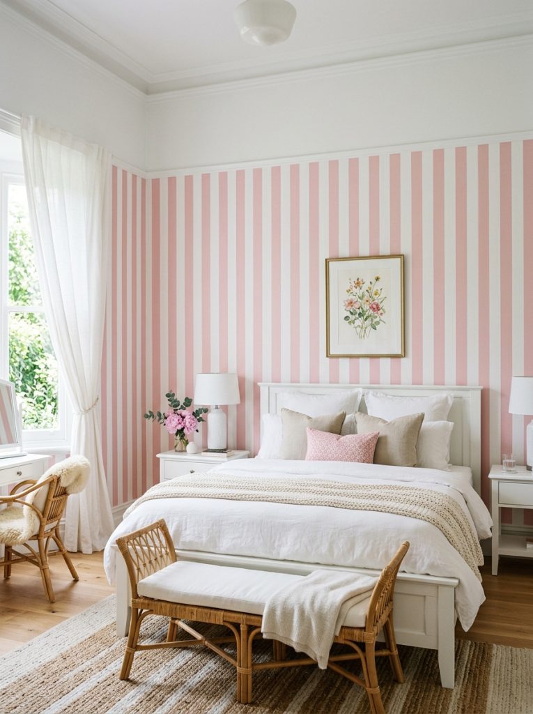Pink and white striped wallpaper bedroom classic vertical stripes soft pink and white drawing eye upward ceiling feels higher white furniture rattan accents neutral bedding structured feminine timeless