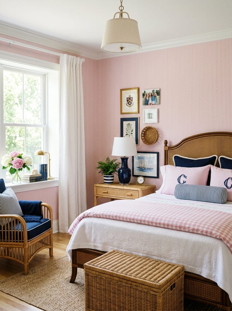 Classic preppy pink wallpaper bedroom pink and white striped gingham wallpaper rattan furniture woven baskets navy white accents layered white and pink bedding classic collegiate deliberately put-together