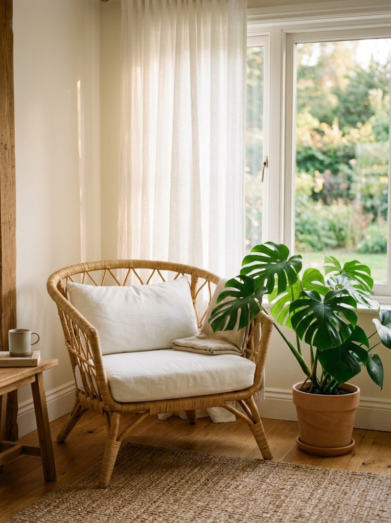 Natural rattan accent chair white cushion beside large monstera plant bright window sheer curtains afternoon light warm breezy summer living room corner