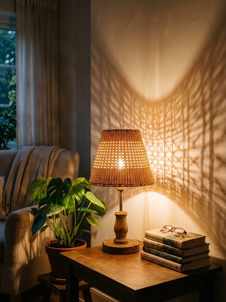 Rattan woven lamp shade table lamp casting warm patterned light shadows wall warm light filtering through weave gorgeous atmospheric summer evening glow living room corner plant book stack