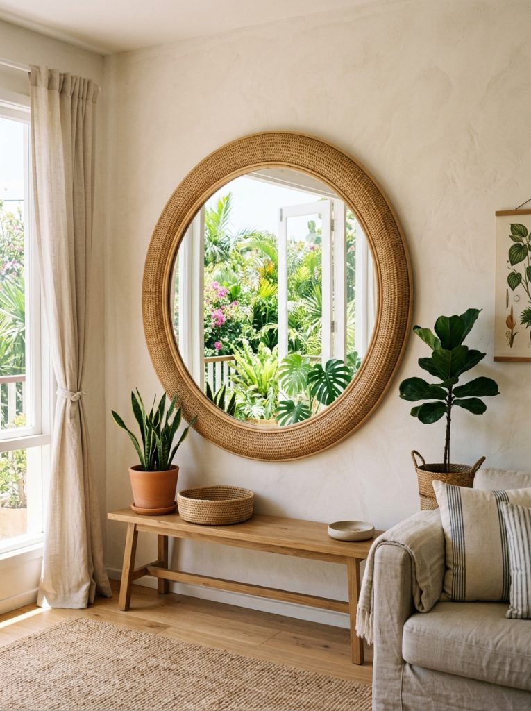 Large round rattan-framed mirror opposite bright window reflecting natural light greenery tropical plants summer living room rattan frame natural organic texture larger brighter doubled summer light