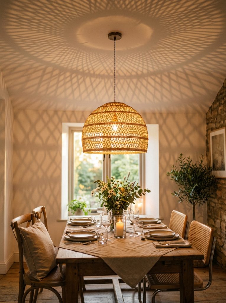 Rattan pendant light hanging above dining table warm golden light filtering woven texture gorgeous patterned shadows white ceiling walls summer table setting atmospheric warm summer glow transforming room