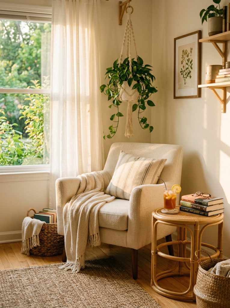 Summer reading corner cream linen armchair small rattan side table glass iced tea stack books hanging plant macrame hanger golden afternoon light sheer curtain most inviting spot