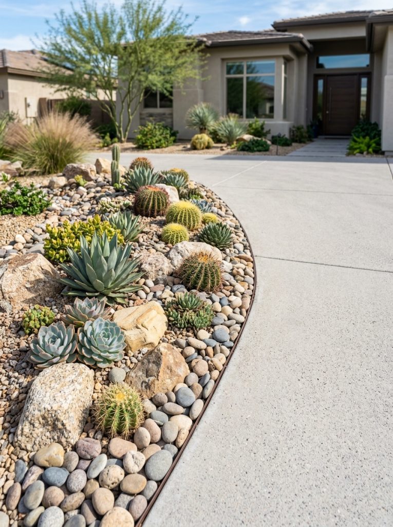 Front yard driveway edge with decorative rock garden drought tolerant succulents and cacti for a modern low maintenance look