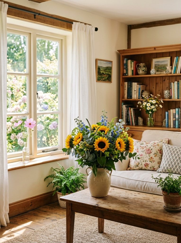 Summer room fresh flowers placed throughout large vase sunflowers coffee table small bud vase daisies bookshelf single stem clear glass windowsill repetition fresh flowers cohesive lush summer atmosphere color life