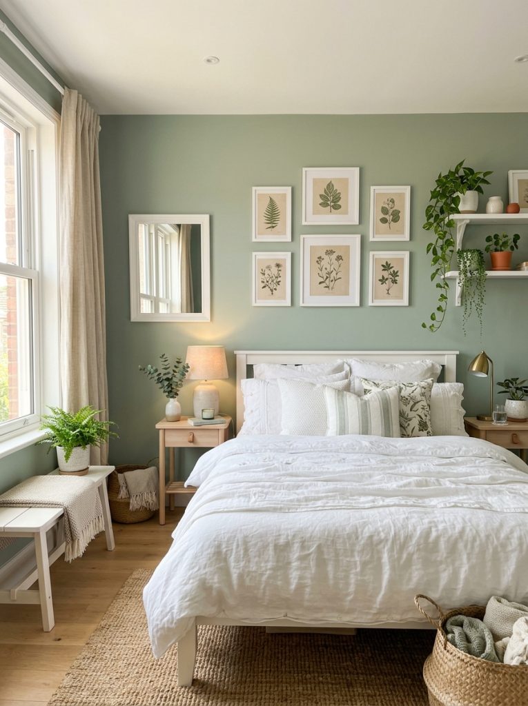 Sage green and white bedroom with soft muted sage green walls white linen bedding botanical prints white frames trailing plants on floating shelves natural linen curtains earthy organic backdrop
