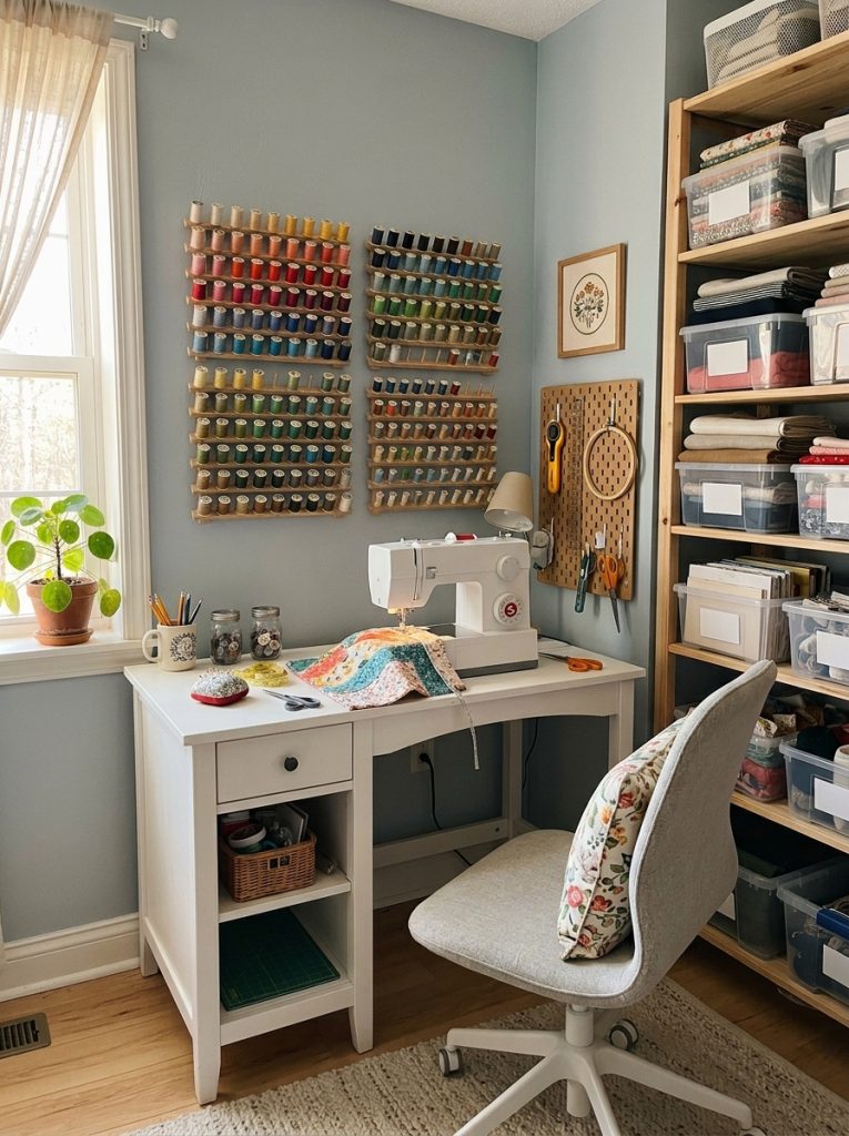 Dedicated sewing studio corner with white sewing machine table built-in storage thread holders and labeled fabric bins on shelves