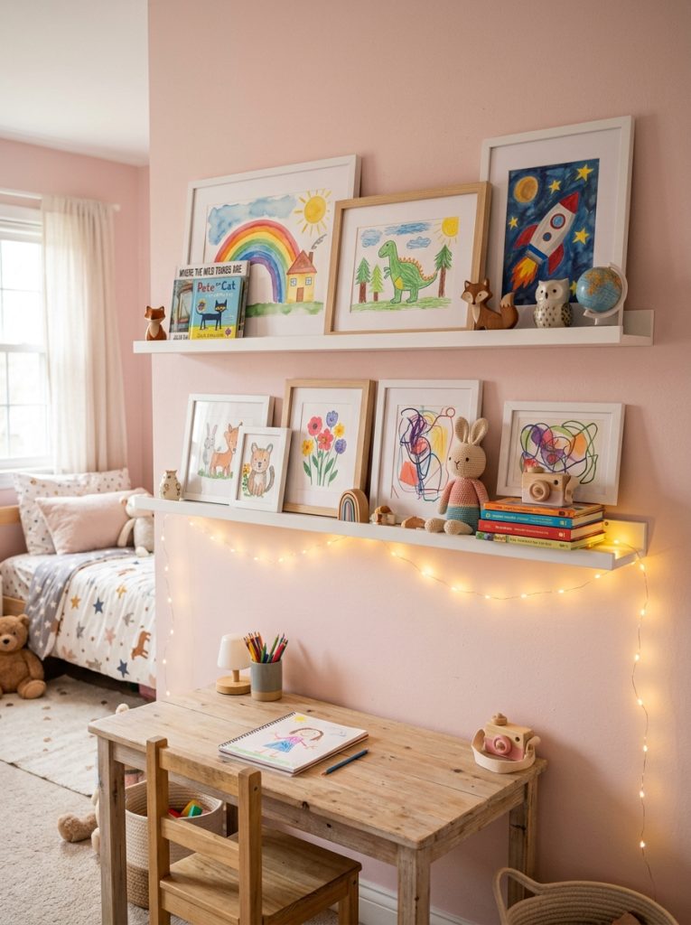 White floating shelves above kids desk with framed artwork books and decorative items in a pastel bedroom nook