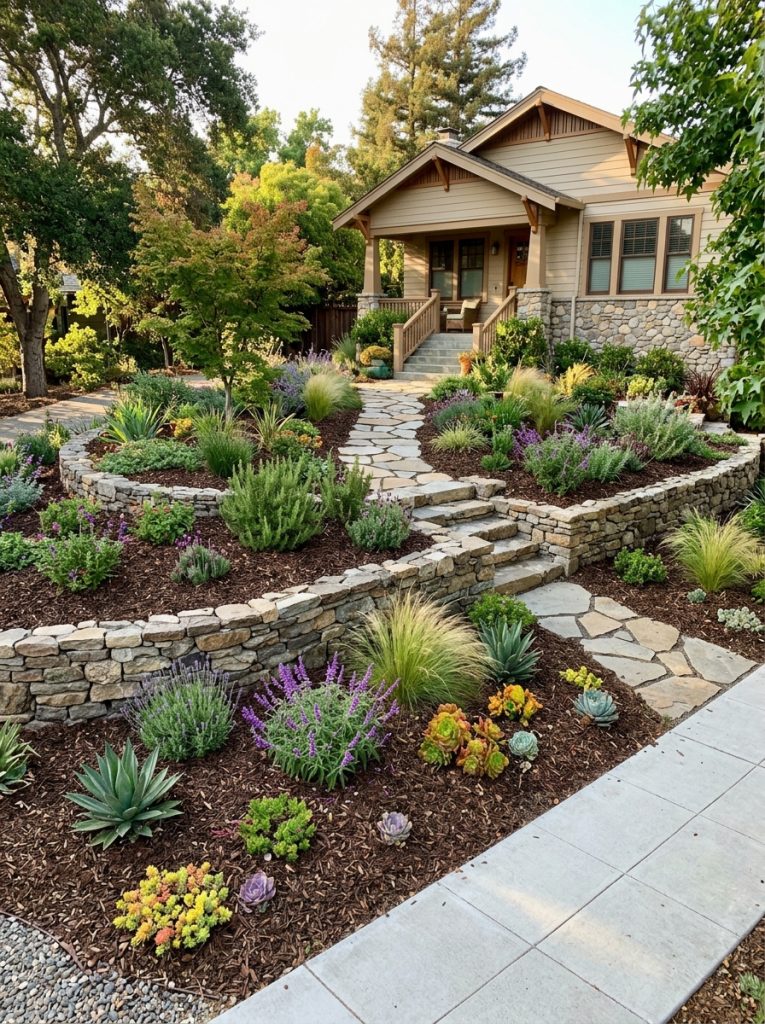 Sloped front yard with terraced stone retaining walls drought tolerant plants and stepping stone path for structured low maintenance landscaping