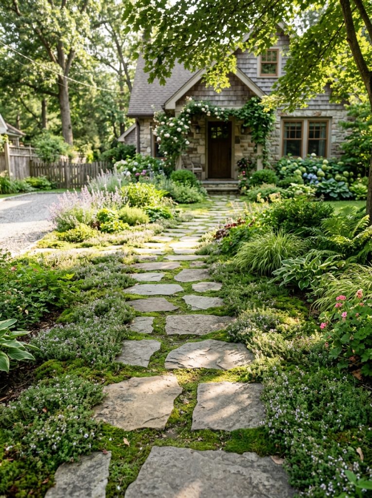 Front yard stepping stone path through low growing green ground cover plants for a natural low maintenance landscaping look