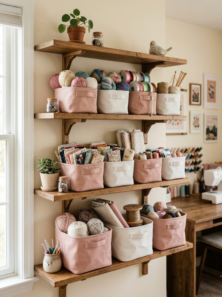 Soft blush pink and white fabric storage baskets on open craft room shelves holding yarn fabric scraps ribbon and larger supplies