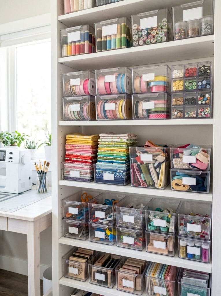 Clear labeled storage bins on white craft room shelves holding fabric ribbon buttons thread and small craft supplies neatly organized
