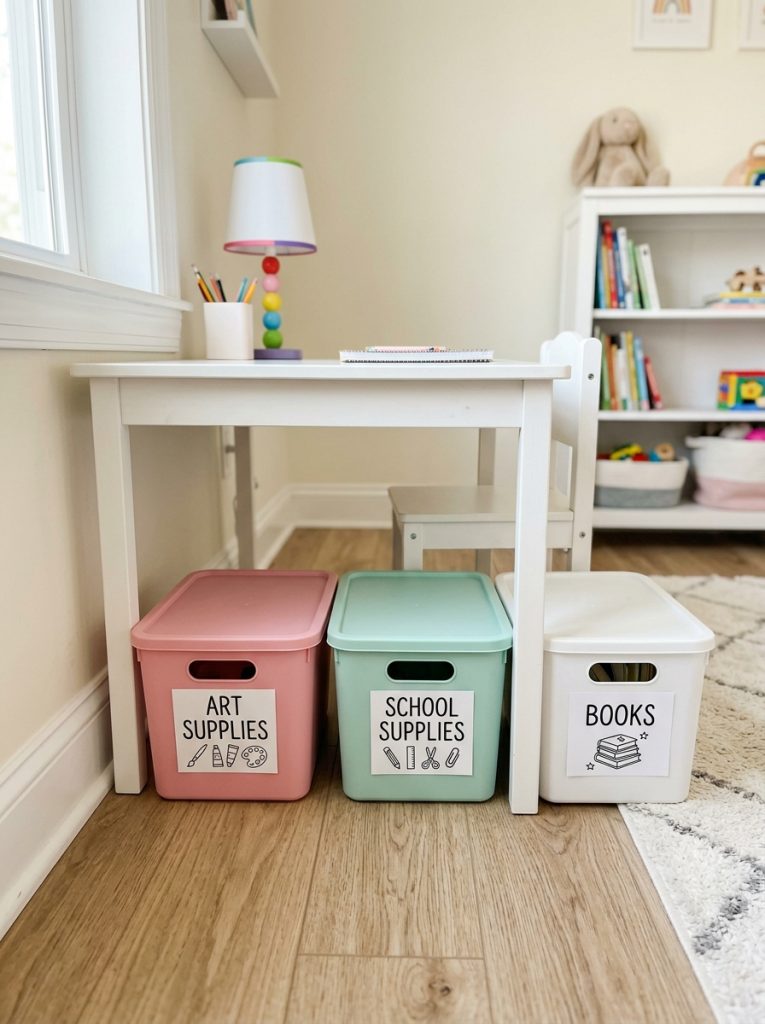 Labeled pastel pink and mint storage bins neatly organized under a white kids desk in a bright organized bedroom