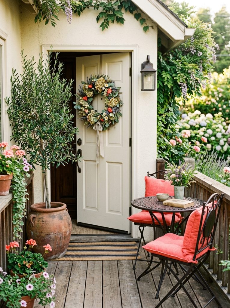 Beautifully styled small front porch maximum summer impact statement terracotta pot tall lush plant front door small bistro table two chairs bright coral cushions summer wreath tight intentional deliberately styled welcoming