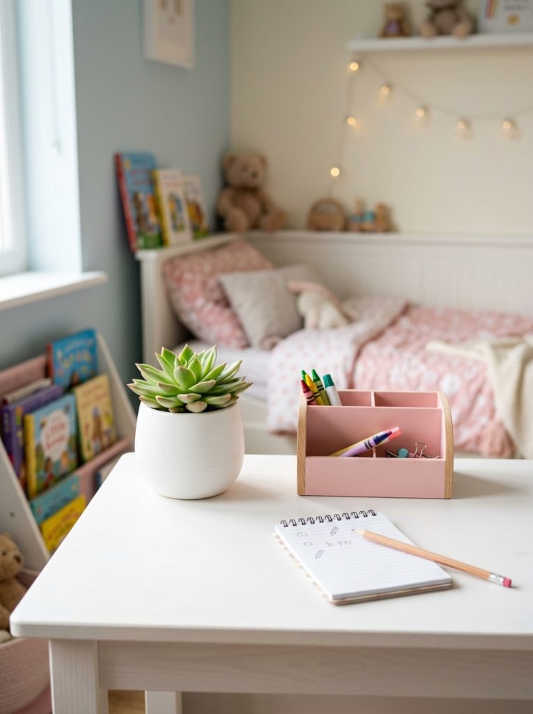 Small green succulent in a white pot on a kids desk beside a pastel organizer in a bright organized bedroom nook