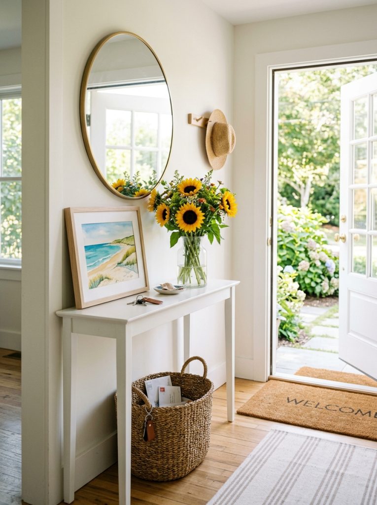Light summer entryway slim white console table glass vase fresh sunflowers coastal watercolor print leaning wall woven basket keys mail natural fiber doormat round mirror bouncing light warm cheerful summer welcome
