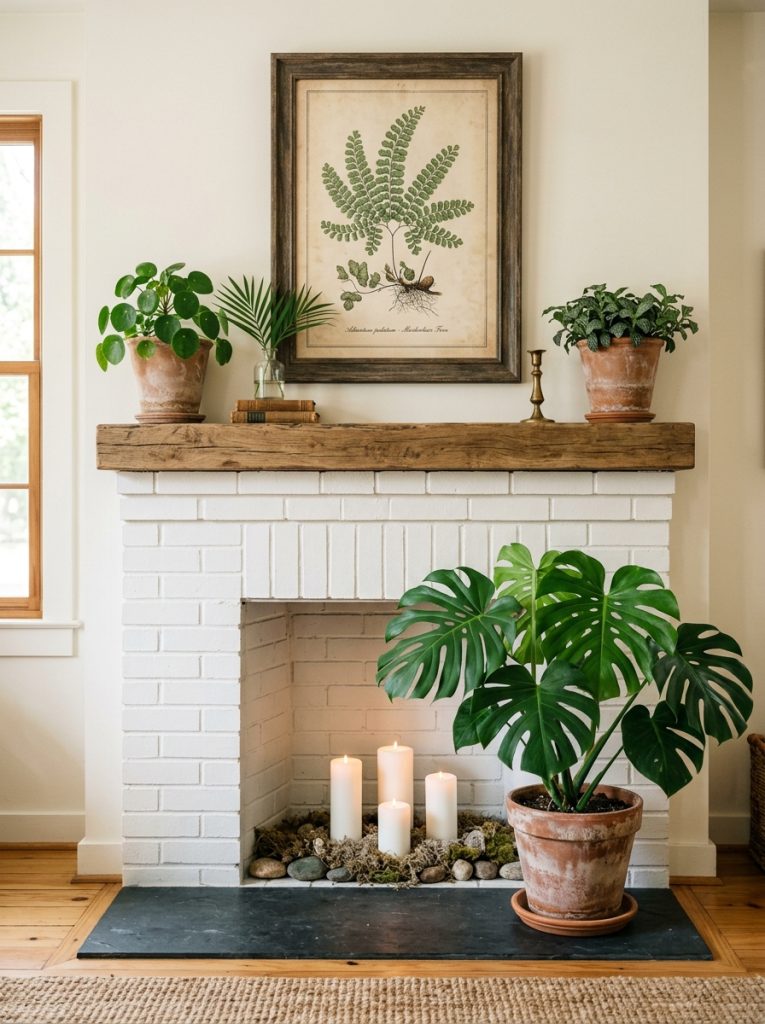 Summer fireplace unused firebox three white pillar candles different heights large leafy tropical plant terracotta pot stunning botanical print above mantel matching terracotta pots transformed winter feature beautiful summer botanical display