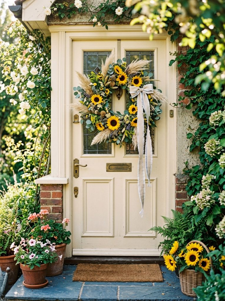 Summer front door gorgeous wreath sunflowers dried pampas grass eucalyptus trailing ribbon classic front door lush full summery welcoming warm seasonal