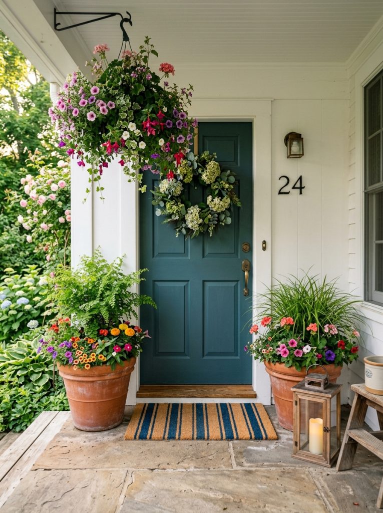 Layered summer front porch two large terracotta pots flanking front door hanging basket trailing flowers striped doormat wooden lantern layered heights tall medium low welcoming visually interesting