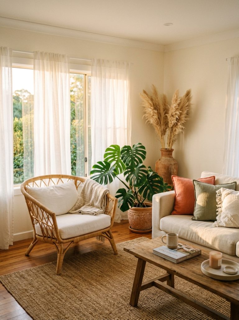 Beautiful summer living room sheer linen curtains rattan chair monstera plant linen pillows coral sage jute rug pampas grass terracotta vase golden summer light