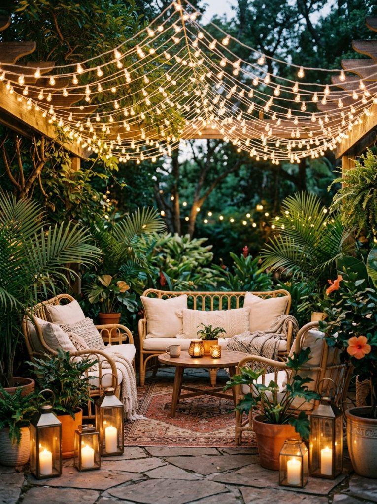 Magical summer outdoor lounge string lights overhead warm glowing canopy rattan wicker seating linen cushions lanterns ground level candlelight potted tropical plants layered warm light magical outdoor summer evening atmosphere