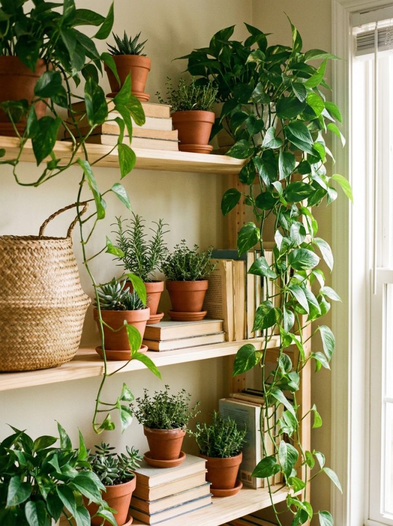 Summer shelf trailing pothos spilling over edges small terracotta pots succulents herbs tucked between stacks books woven basket combination green terracotta natural wood rich lush summer aesthetic