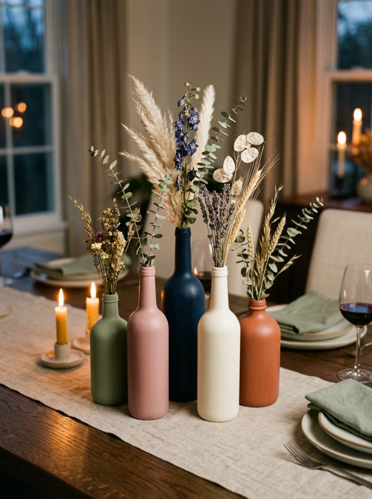 Five painted glass bottles in different colors grouped as a table centerpiece with dried flowers for an elegant DIY home decor display