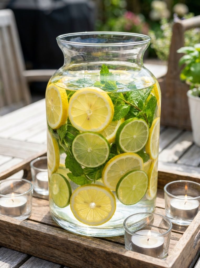 Summer table centerpiece large clear glass vase water bright yellow lemon slices vivid green lime slices fresh mint sprigs tea light candles wooden tray citrus colors clear glass fresh summery natural daylight