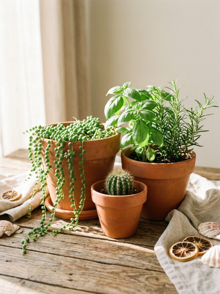 Indoor summer display terracotta pots three different sizes clustered together wooden surface trailing succulent fresh herbs small cactus warm clay color varied textures intentional summery