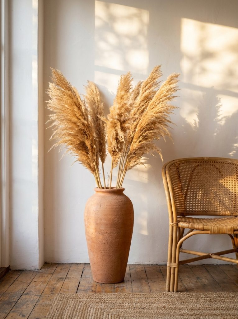Tall terracotta floor vase dried pampas grass plumes living room corner warm feathery plumes catching afternoon light soft shadows white wall rattan chair effortless summer focal point