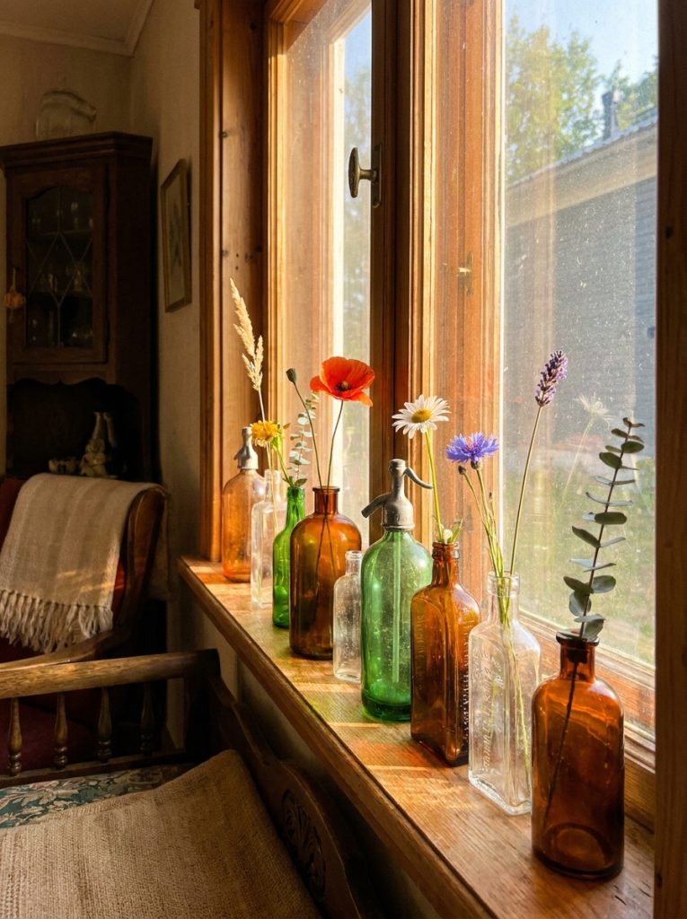 Summer windowsill vintage glass bottles amber green clear different shapes heights single stem wildflower dried grass eucalyptus warm sunlight through colored glass gorgeous warm glow