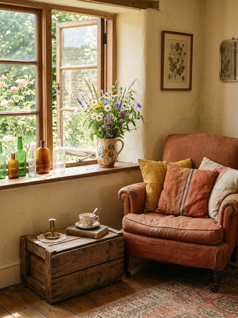 Personal vintage summer interior antique glass bottles sunny windowsill vintage ceramic jug wildflowers old wooden crate side table faded linen cushions warm tones nothing matching everything warm personal genuine