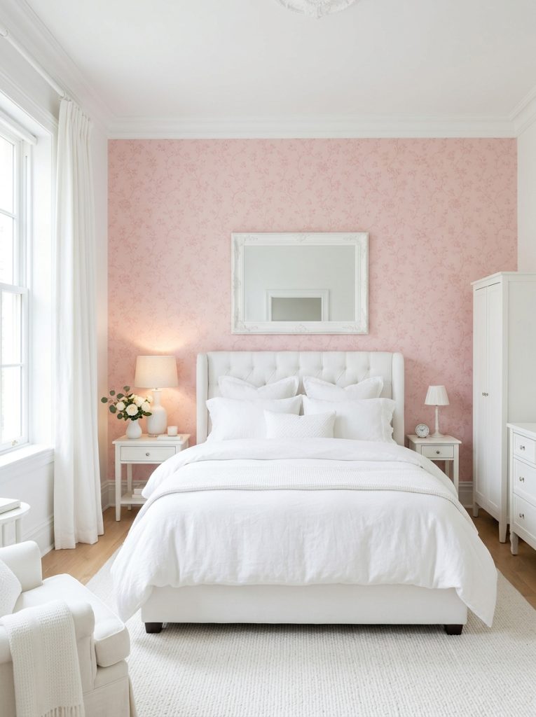 White and pink bedroom with soft pink wallpaper behind bed everything else crisp white bedding furniture curtains single pink element high proportion of white bright open and airy