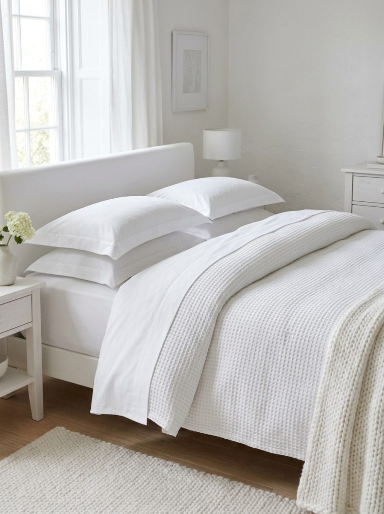 All white bedroom bed with smooth cotton sheet beneath textured waffle weave duvet neat white pillows creating depth and visual interest in entirely white palette