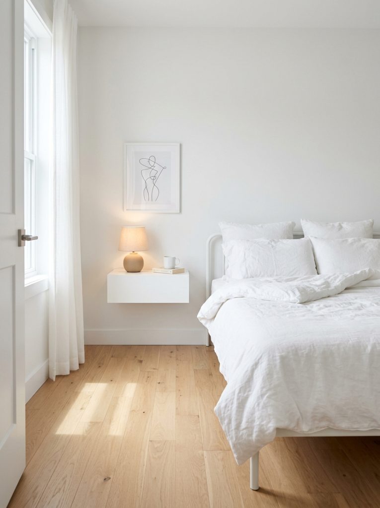 Small white bedroom with white wall mounted floating nightstand beside bed floor completely clear underneath airy feeling white walls white bedding sleek and intentional