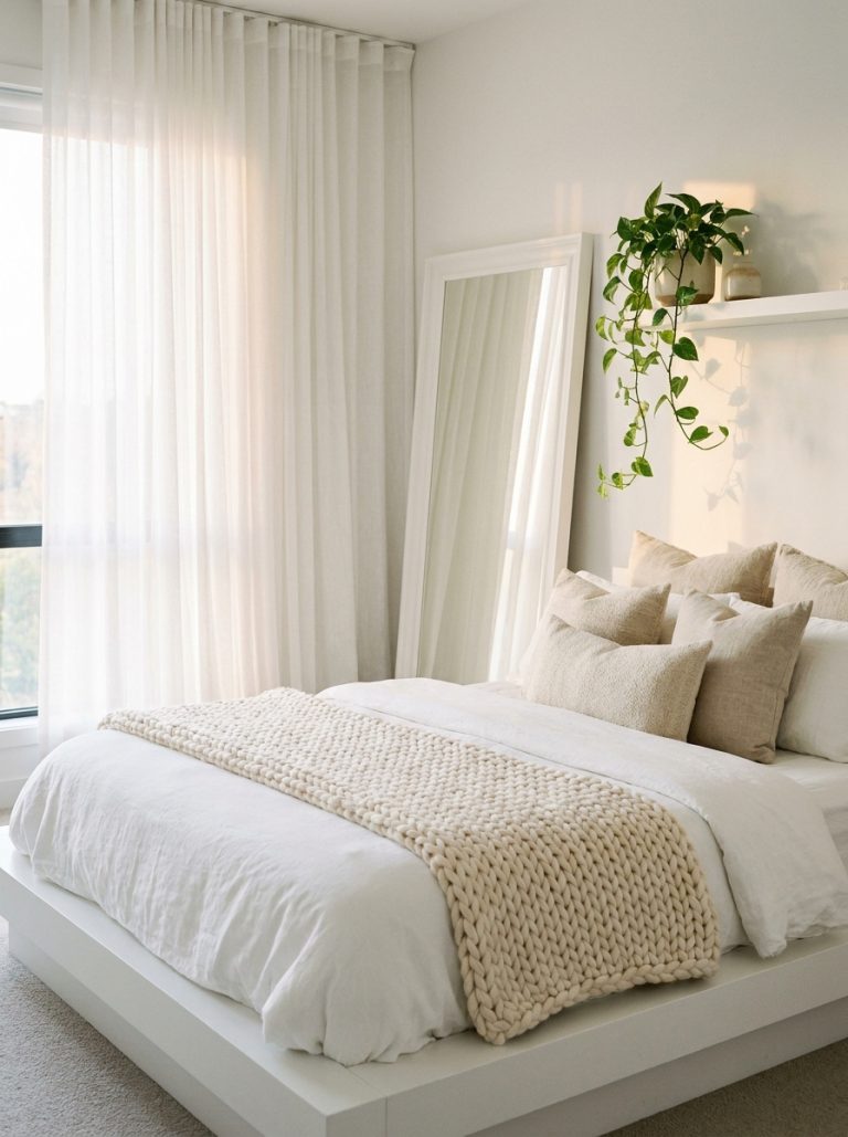 Beautiful white bedroom with white platform bed crisp linen bedding chunky knit throw neutral pillows floor to ceiling sheer curtains full length mirror trailing plant floating shelf warm natural light
