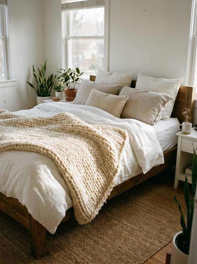 White bedroom with thick chunky knit throw blanket draped over bed corner layered with white linen bedding neutral pillows rich knit texture catching soft warm light