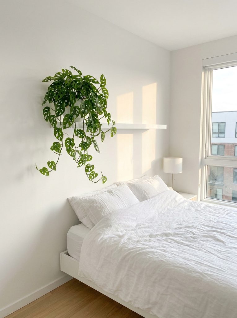 Minimal white bedroom with single trailing pothos monstera on white floating shelf vivid green leaves striking contrast against all white backdrop white linen bedding below
