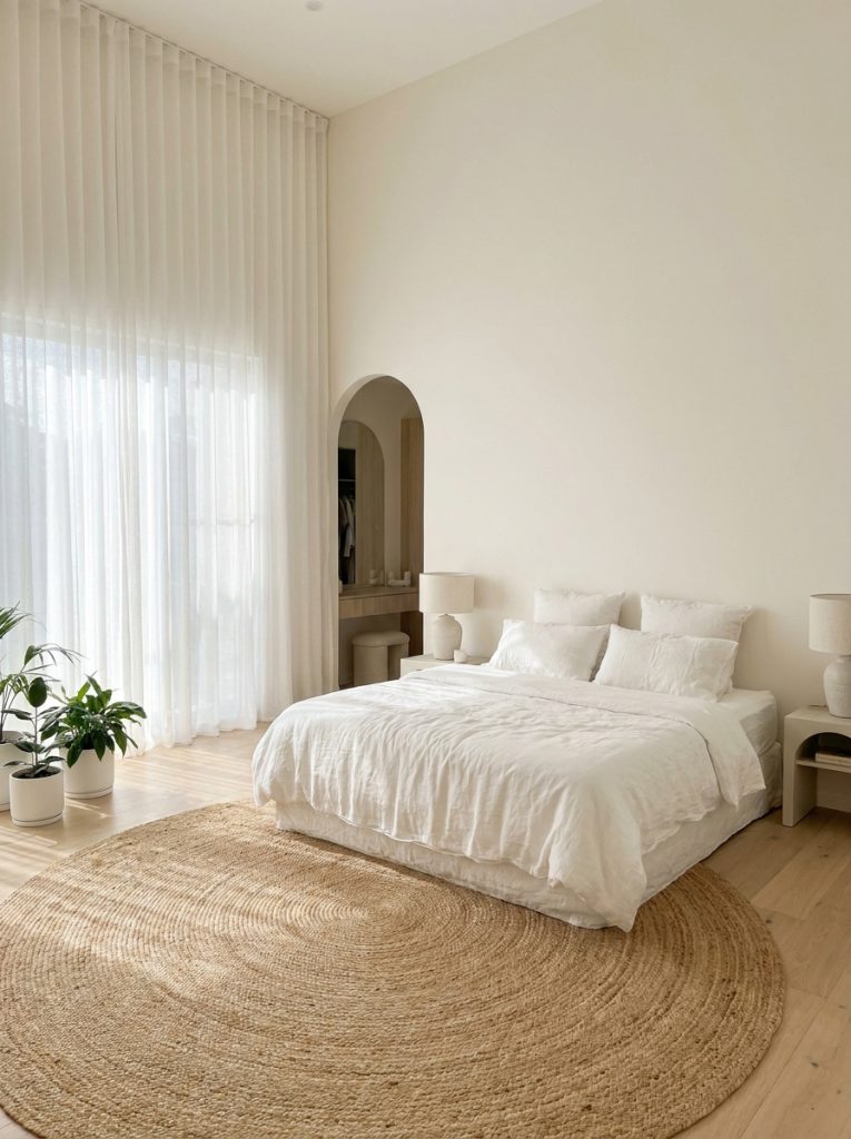 White aesthetic bedroom with sheer curtains hung from ceiling height falling to floor filtering soft natural light into dreamy diffused glow room feels taller and more open