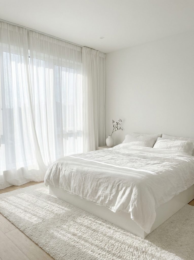 All white bedroom with floor to ceiling white sheer curtains mounted at ceiling height filtering soft natural light windows appear taller room feels more airy white bedding below