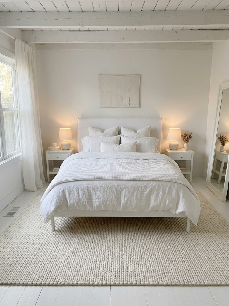 All white bedroom with large white woven area rug anchoring bed extending two feet on each side soft texture adding warmth continuous white from wall to floor to rug seamless and open