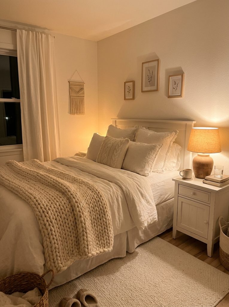 All white bedroom lit with warm yellow toned bulbs in bedside lamp soft warm glow white walls inviting not cold white linen bedding chunky throw warm light showing texture